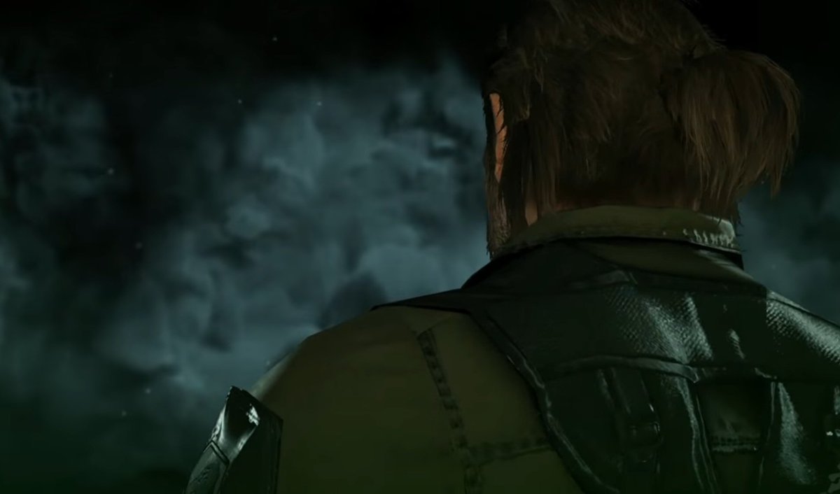 Venom Snake (Big Boss) moments before his final battle with Solid Snake in MG1. The Diamond Dogs logo in the background even turns into an Outer Heaven logo.
