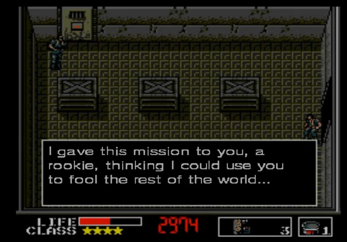 Venom Snake (Big Boss) moments before his final battle with Solid Snake in MG1. The Diamond Dogs logo in the background even turns into an Outer Heaven logo.