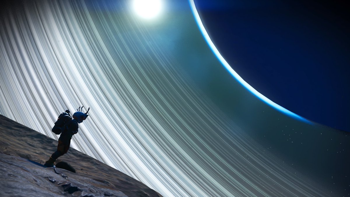 JewelieDBee's tweet photo. #NoMansSky #NMS #SpaceExploration #RingedPlanet #PlanetaryRings #TravelerOnTheMoon  #PS4share https://t.co/yFPO2pfTiM