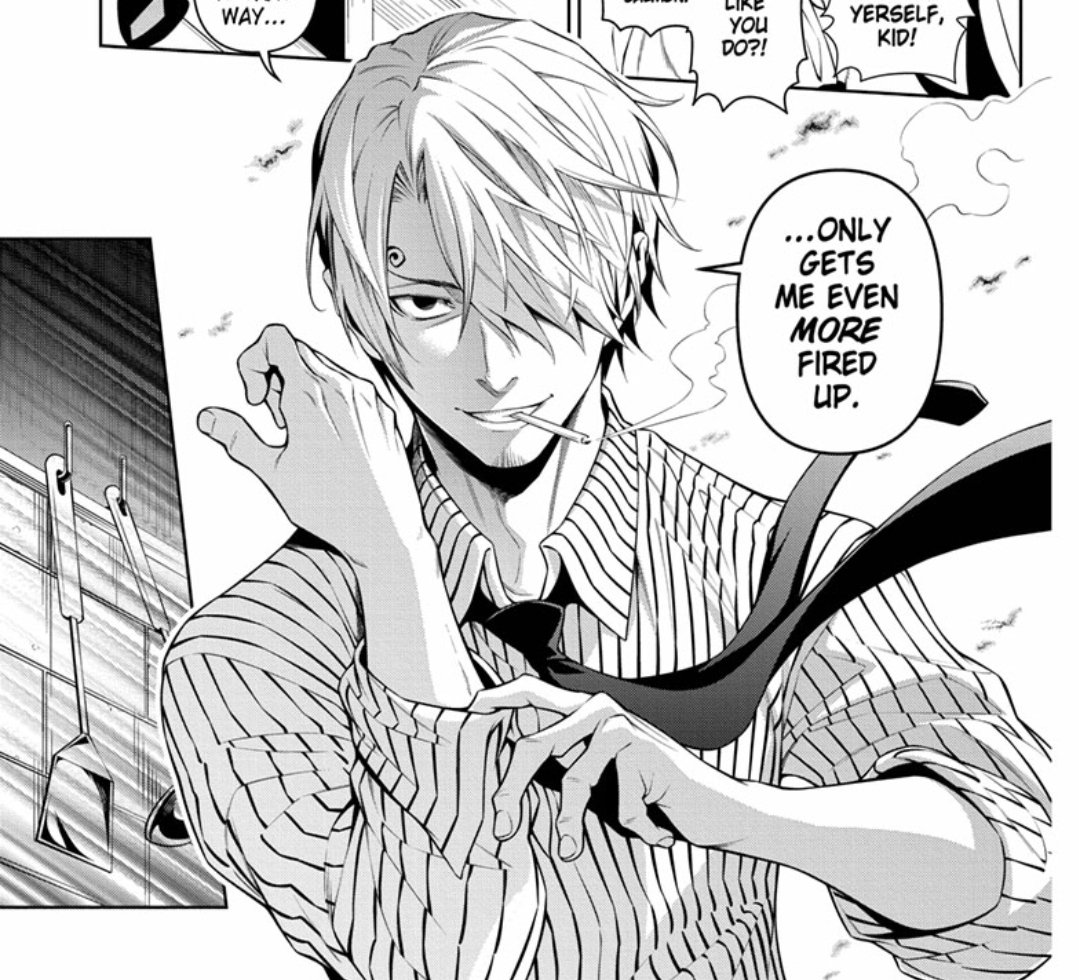 hemlockchan's tweet photo. Official food wars x one piece crossover chapter??? There's even zosan (sorta) 😍 I have tears #shokugekinosanji #zosan https://t.co/XwWDEIBT4A