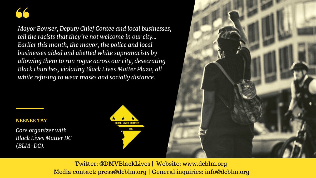 DMVBlackLives's tweet photo. Meanwhile no riot gear. We had 4 demands. @DCPoliceDept are having violent encounters with people not wearing masks. Next week they will bring the #Covid virus to marginalize communities to harass and cause further hurt and harm to Black&amp;Brown constituents. #DefendDC @MayorBowser https://t.co/GfzV8sFlFh