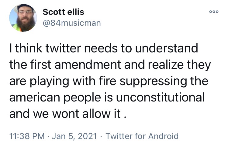 I protect you from the government. Twitter is not the government. Therefore, I don’t protect you from Twitter.