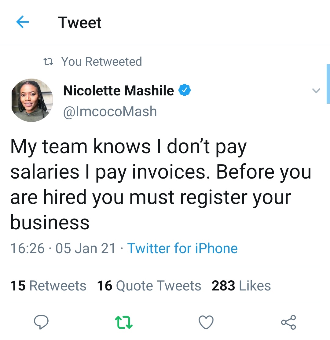 Last Night she tweeted a controversial tweet that suggested that she is evading tax buy invoicing her employees intead of paying The a Salary.