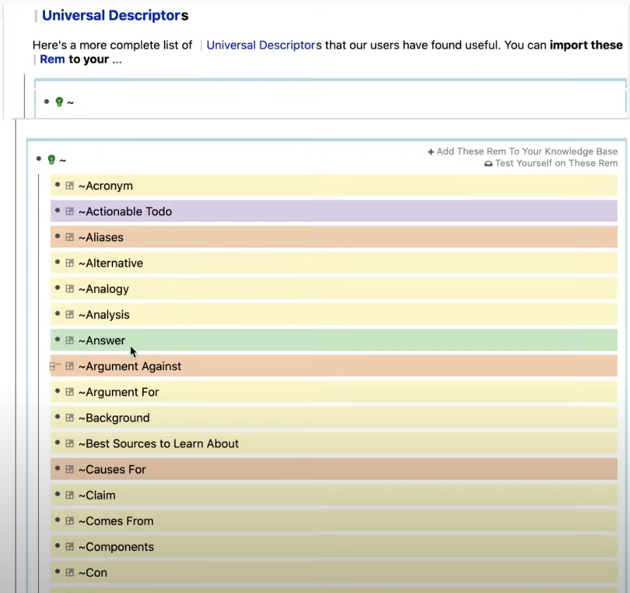 Apparently there is a set of "universal descriptors", which are just blocks that you can easily block reference, but which would let you quickly filter by them (could also just be pages). Nothing technically fancy, but easy way to level up your metacognition when taking notes.