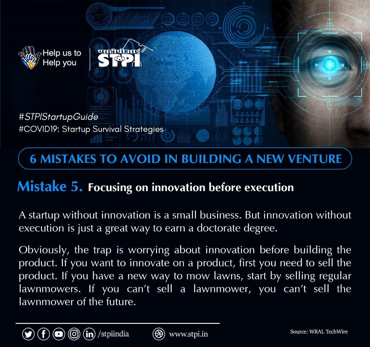 stpiindia's tweet image. While starting a new venture, #startups should focus on the innovation factor before developing a product and understand how the market forces act on the business and acceptance of products, which will help them succeed in the long run. #STPIINDIA #STPIStartupGuide @RSPrasad