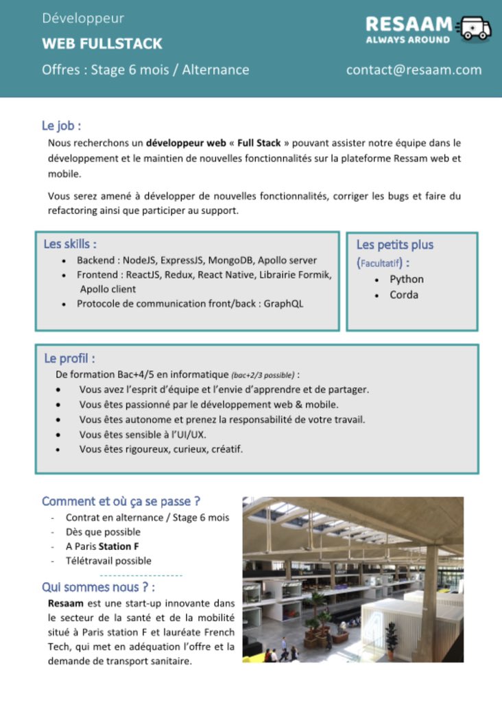 Resaam recrute   
un(e) UX/UI Designer et un(e) développeur web « Full Stack »  en stage et/ou alternance .                           Paris,Île-de-France,Station F. <a href="/Ecole_Numerique/">La Grande École du Numérique</a>  <a href="/HanoutAli/">Ali Hanout</a> <a href="/Resaam_/">Resaam</a>