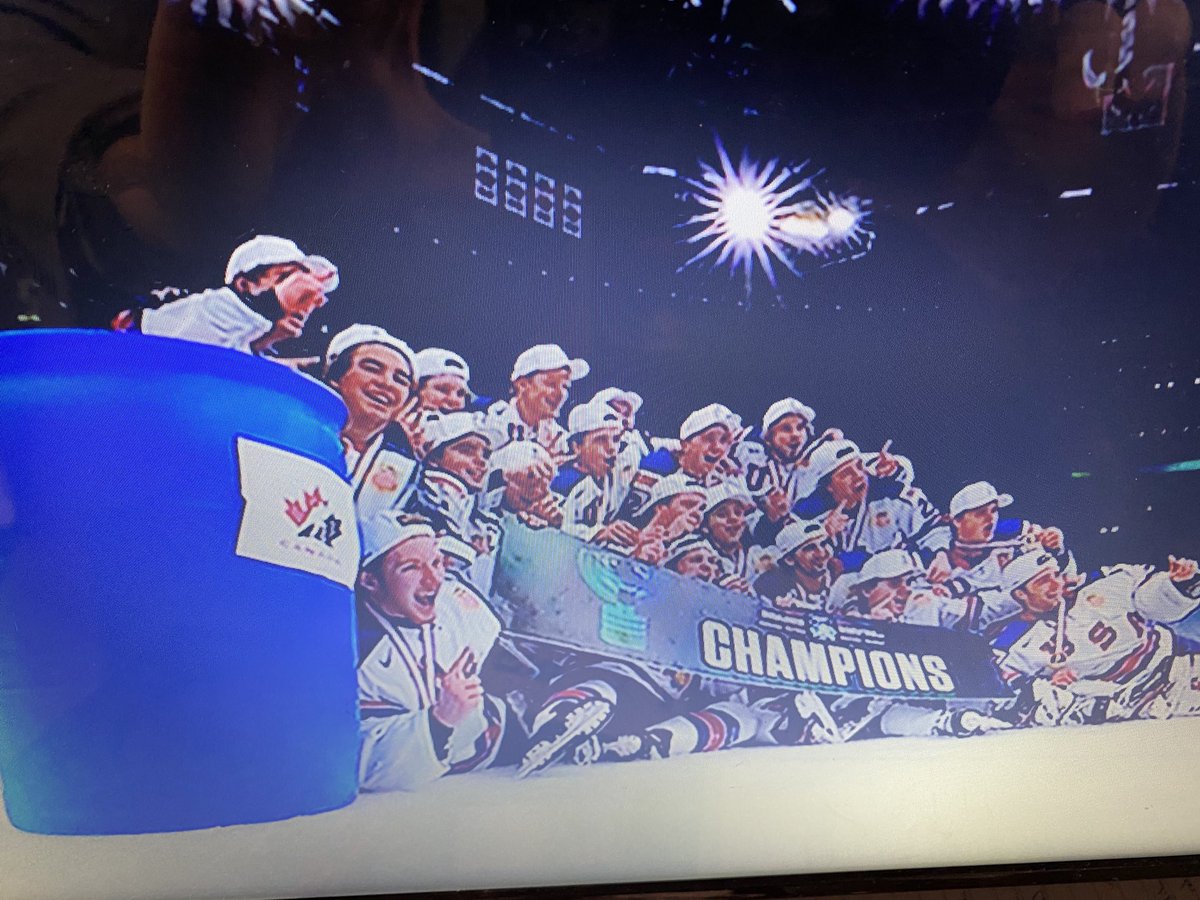 TSNRyanRishaug's tweet image. USA posing for team picture with what appears to be a trash can with a Canada logo on it.