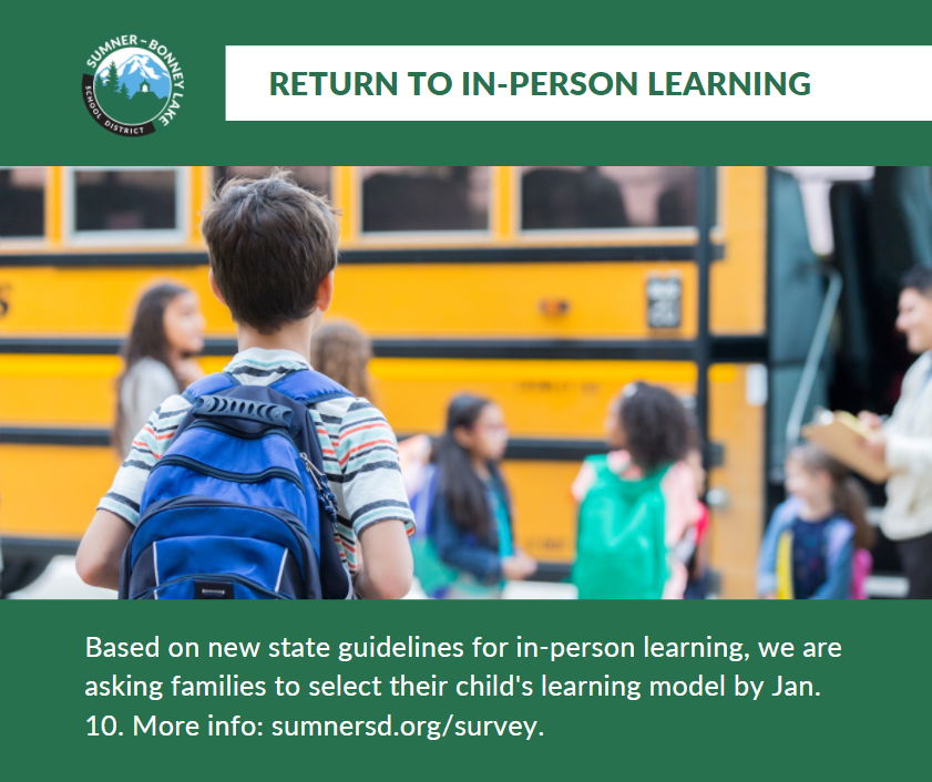 SumnerSchools's tweet photo. New guidelines allow a return to in-person learning sooner than expected! To meet health/safety reqs, we need to know how many students to expect. Families--Please select learning model in Family Access: In-Person Hybrid or Full-Time Distance. Details: https://t.co/CVW69a6vCe. https://t.co/575nExL9AN
