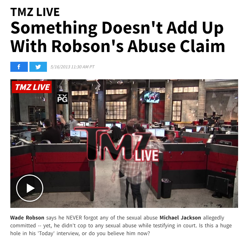 THREAD: In 2013, Wade "It's time for me to get mine!" Robson debuted his tall tale accusations to universal disbelief, even among heavily guilt-centric audiences.Of all pundits, Harvey Levin & TMZ staff were actually the most vocal in pointing out the absurdity of his claims.