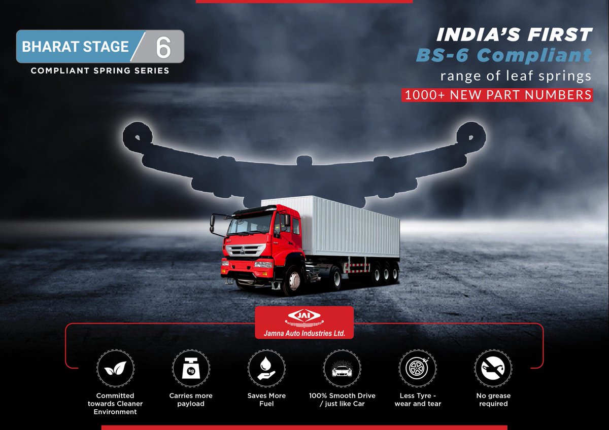 jaispring's tweet photo. Now, enjoy more payload, smooth drive, less tyre wear &amp; tear, and save more fuel with JAI #BS_6 compliant leaf spring series.
Time to protect the environment &amp; take your vehicle to #NextLevel

#JAI #BS_6 #leaf_spring #benefits #commercialvehicle #JAMNAAUTO #suspension #solutions https://t.co/bkOPGC0m46