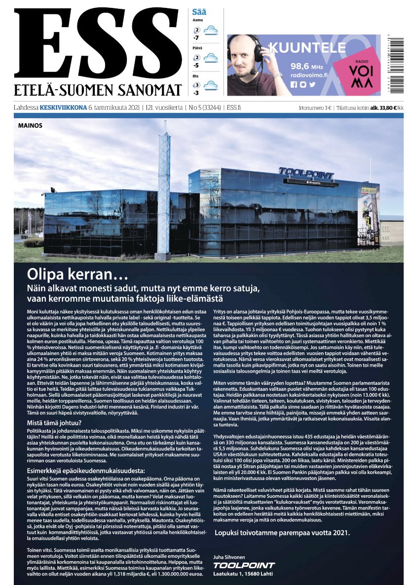 K_Hamalainen's tweet photo. Nyt on kova! @ESSonline kansi by #toolpoint lähettää suorat terveiset eduskuntaan. Wau. ” Emme kerro satuja, vaan muutamia faktoja liike-elämästä”👇 https://t.co/cL9d63wMbP