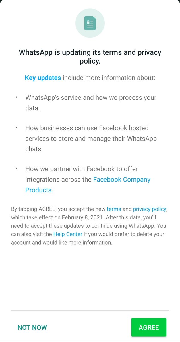 Today WhatsApp wished it's users good morning. Accept the updated terms and conditions or say goodbye. (Thread 1/n) It is effective from Feb 8, 2021.