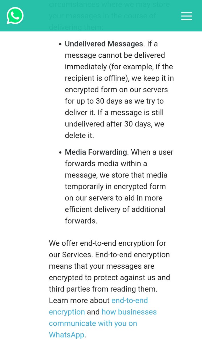 Also: When you forward media msg in  #WhatsApp that media is stored temporarily in encrypted form on it's servers to aid in more efficient delivery of additional forwards. Tada! (Consider a thousand times before sending any images; news anchors can officially read your chats.)