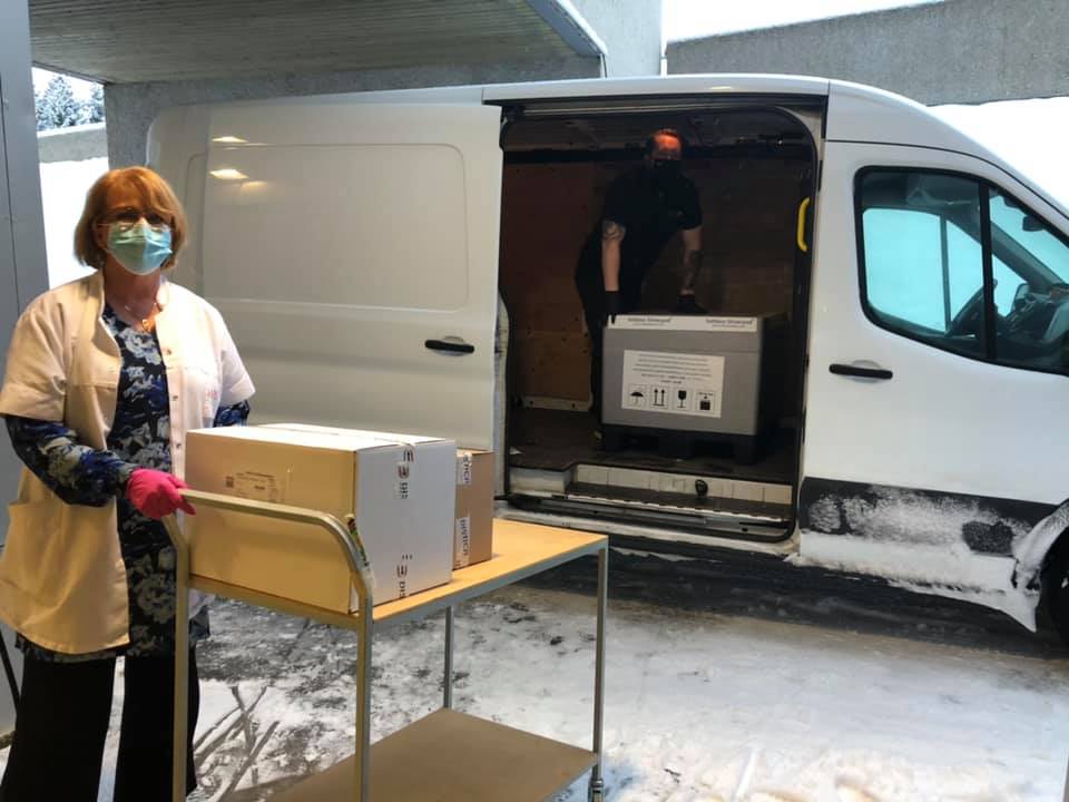 2. Prioritization rules have been imposed with age being the primary criteria, but with the most essential frontline healthcare workers being put into the mix. It is not possible to get ahead in the line. (Picture shows delivery of a batch at our small hospital in Ísafjörður).