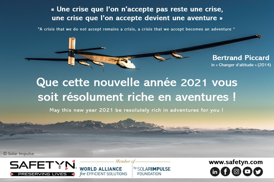 SAFETYN_Team's tweet photo. @SAFETYN_Team vous adresse ses meilleurs vœux pour cette année #2021! Qu'elle vous soit l’occasion d’aller pleinement puiser l’âme d’aventurier(e) qui brûle en vous, dans l'aile de @bertrandpiccard et @solarimpulse ! #saferpilots #exploreyourhumanfactor #seriousflying https://t.co/6buyf5fpy6