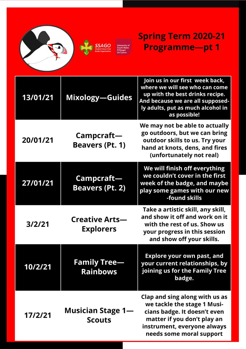 The new academic term has begun, and the committee have been searching their tired brains to come up with ideas. Therefore, here is our programme for the first part of our own Spring Term.  And we are doing some actual Scouts and Guides stuff as well! TERM STARTS 13/01/2021