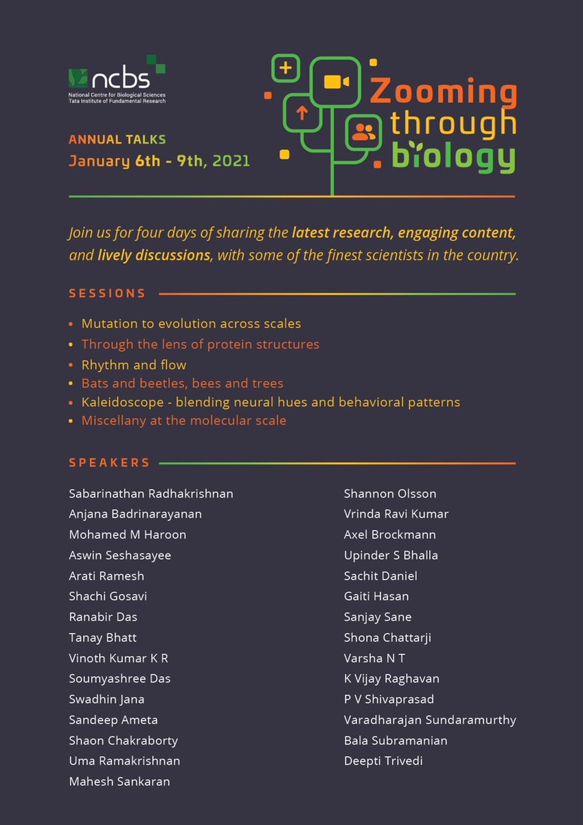 The #NCBSAnnualTalks 2021 take place from January 6th to 9th.

We began with an exciting afternoon poster session showcasing some of the work of the research community, from student posters to those of our state-of-the-art facilities.

#ZoomingthroughBiology