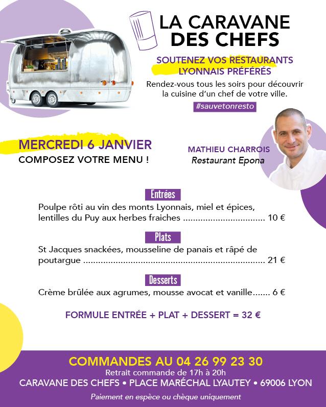 iclyonhoteldieu's tweet photo. "Qu'est ce qu'on mange ce soir ?" Le chef @CharroisM  vous donne la réponse et vous attend ce mercreedi 6 janvier dès 17h place Maréchal Lyautey avec un menu généreux à emporter et savourer à la maison ! La #CaravanedesChefs de Lyon est lancée !!!

Infos : https://t.co/Sf3SubbOg8 https://t.co/BU5RV3pfWB
