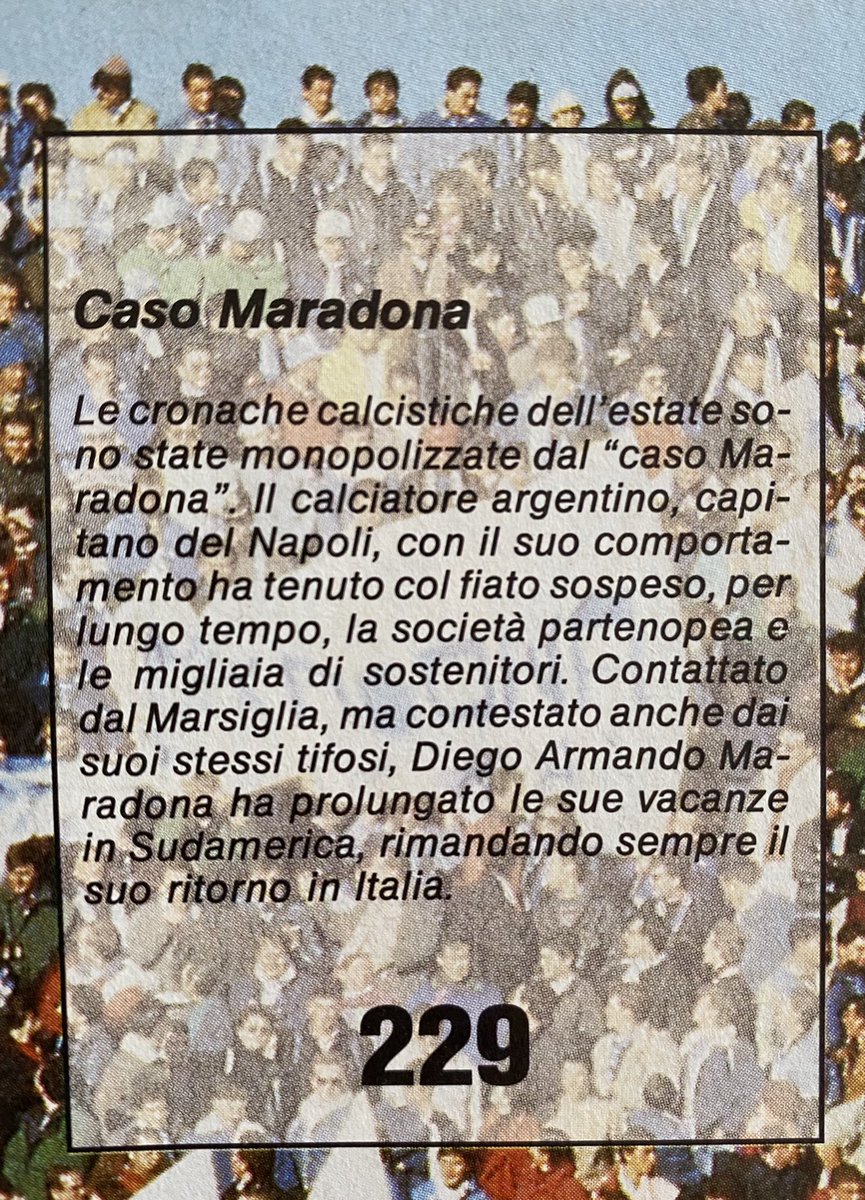 simocorne's tweet photo. L’artigianalità delle collezioni di figurine degli anni ‘90. Nell’album Calcio flash ‘90, nello spazio dedicato alla figurina di Maradona è presente una breve descrizione del travagliato mercato estivo che aveva coinvolto il calciatore. #figurine #celomanca #euroflash https://t.co/7yuVlrw26f