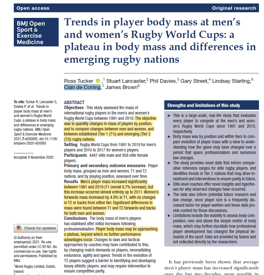 ASedeaud's tweet photo. Trends in player body #mass at men’s and women’s #Rugby World Cups by @Scienceofsport @Starling_Linds @jamesbrown06 et al.

Morphological change as a reflection of how the game may have evolved.

Article here https://t.co/setEudoqFo https://t.co/oWGA85S3iX