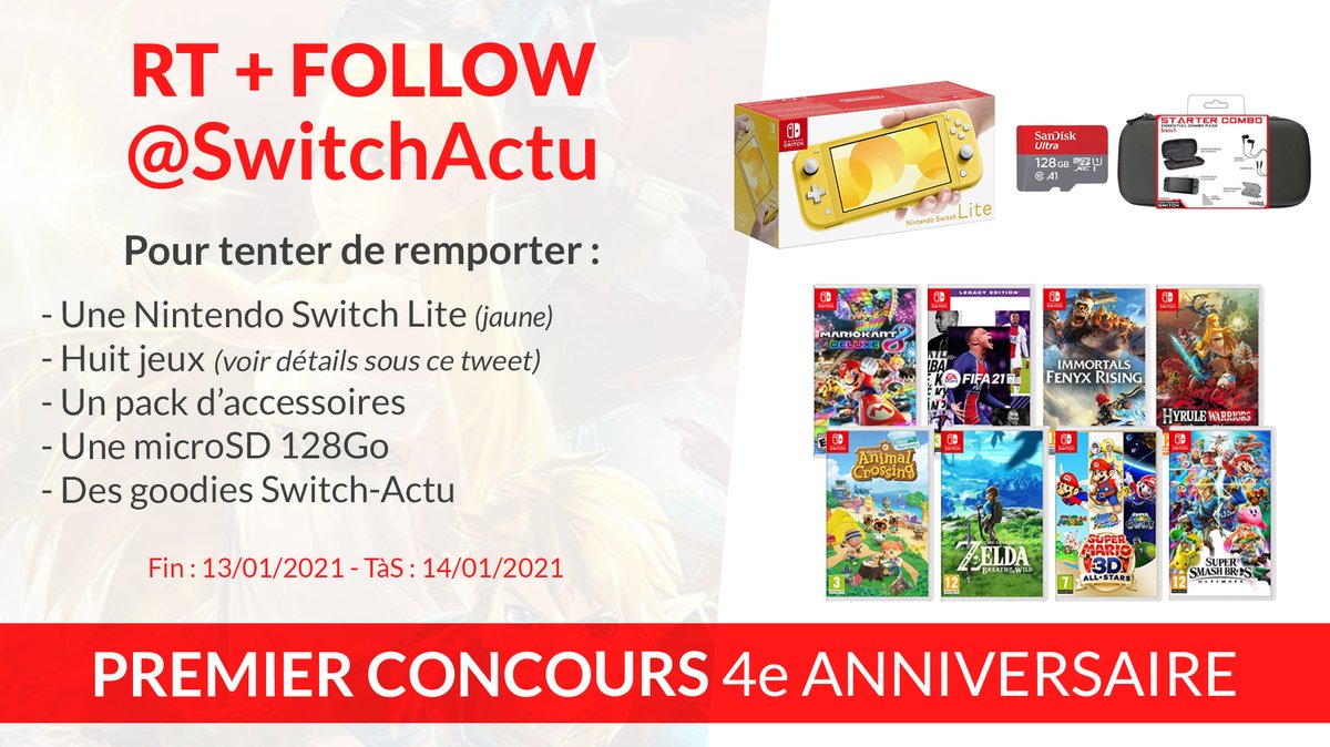 PREMIER #CONCOURS 4 ANNIVERSAIRE - Tentez de gagner une Nintendo Switch Lite, huit jeux, une micro SD 128Go, des accessoires et des goodies Switch-Actu !

Pour participer c'est simple :
🔀 RT ce tweet
👉 FOLLOW <a href="/SwitchActu/">Switch-Actu.fr • Actualités Nintendo</a>
 
---------
⏳ FIN le 13.01.21 à 23h59
🕐 TAS le 14.01.21