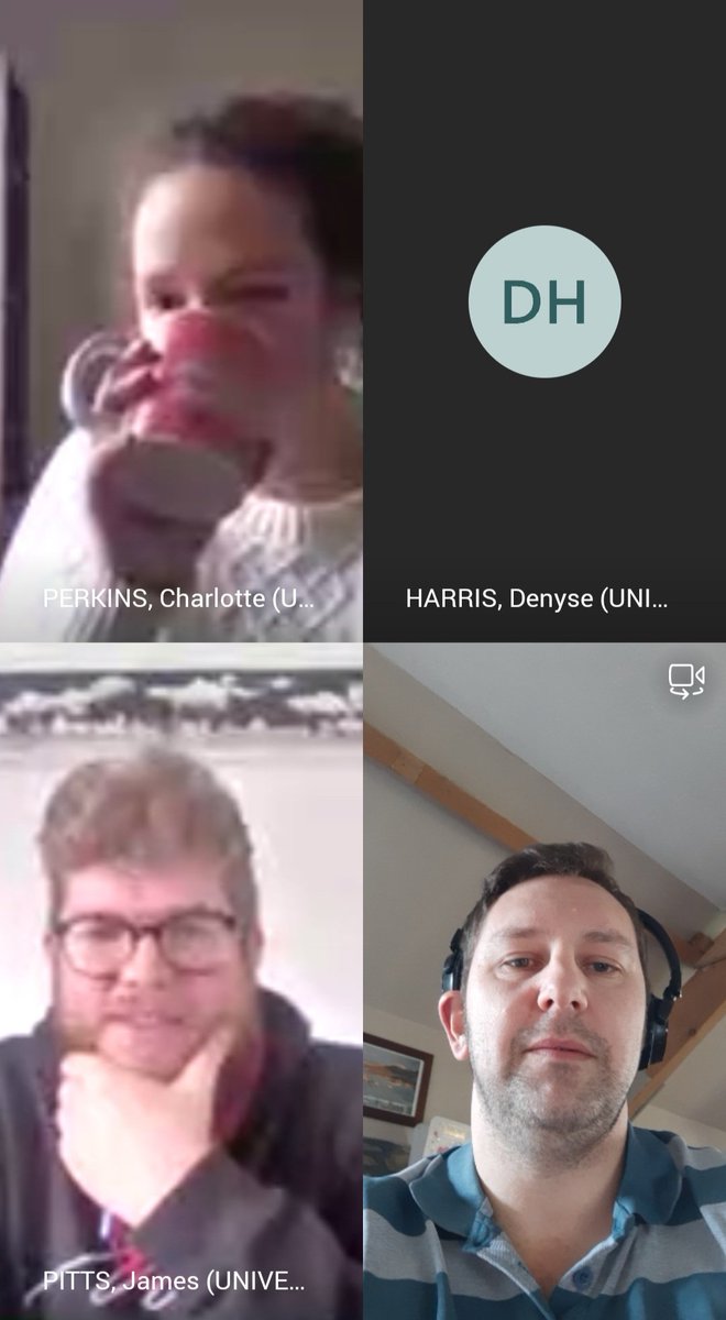 JMorcumb's tweet photo. Enjoyed our first #CancerServices @UHP_NHS virtual staff room tea/coffee break with 3 awesome colleagues (&amp; friends) this morning! 
Apologies for my mid-eating face 😁
It's great to come together even when working apart ☕🍩 https://t.co/pCmoRSILze