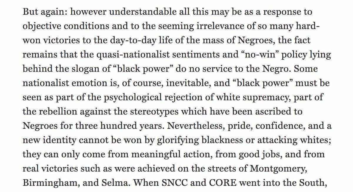 13/ Cette génération d'activistes sera très critique du tournant du "black power" de la fin des années 60, y voyant un recul pour la constitution de larges coalitions politiques. Ca sera le cas de Bayard Rustin, syndicaliste et militant gay:  https://www.commentarymagazine.com/articles/bayard-rustin-2/black-power-and-coalition-politics/