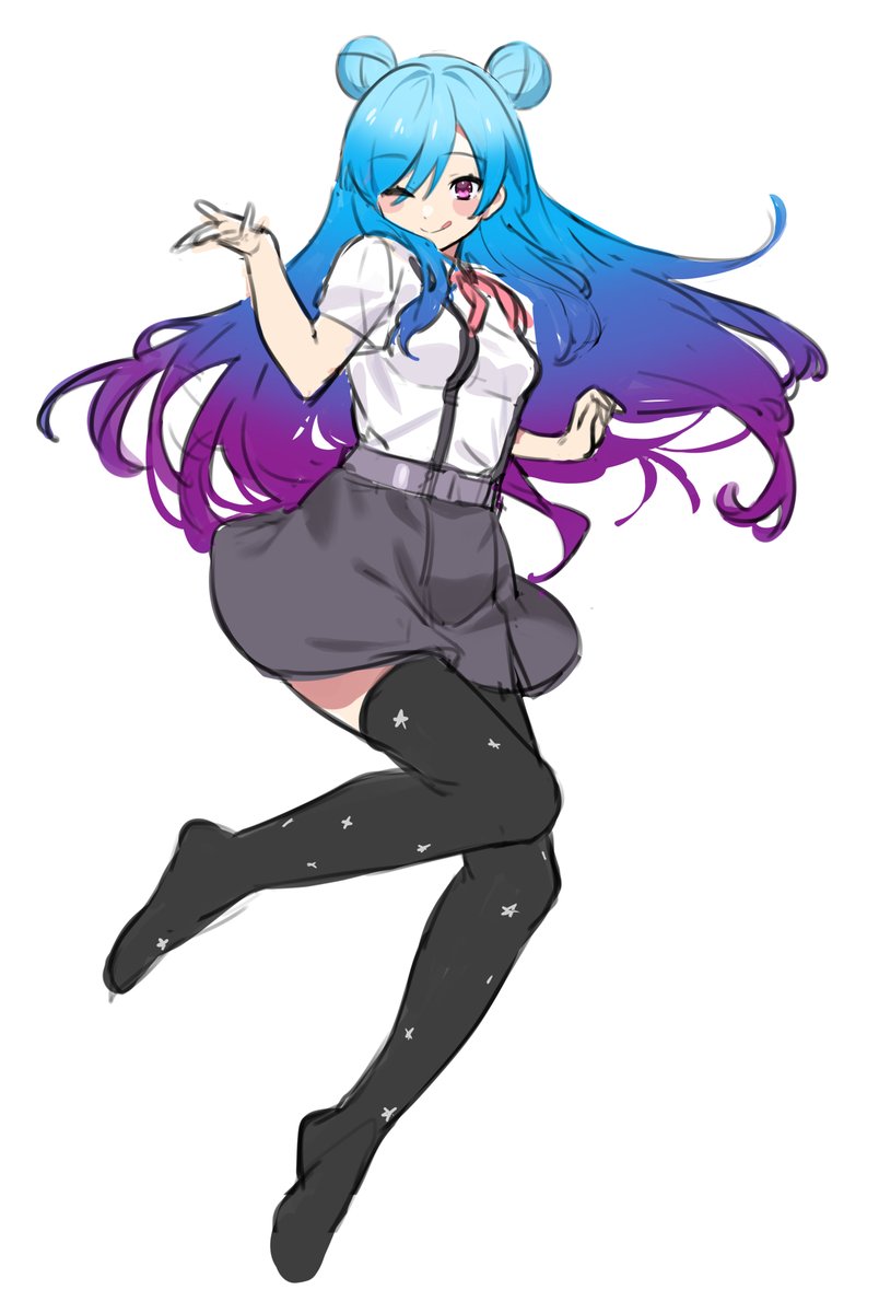 1girl solo thighhighs skirt gradient hair purple hair one eye closed  illustration images