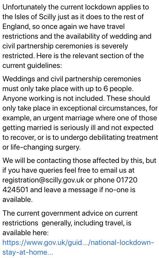 Following the current lockdown restrictions, please see the attached information on how it applies to Registration Services in the Isles of Scilly.