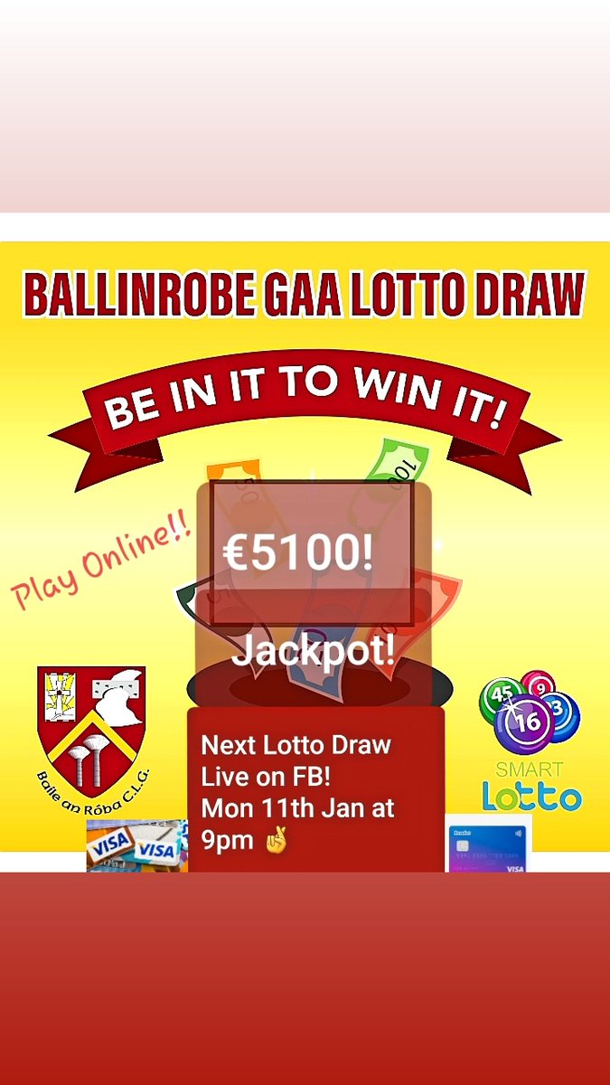 ballinrobegaa's tweet photo. ⚡Ballinrobe GAA Lotto:⚡ https://t.co/m8uYeyMlWr
*  Jackpot: €5,100 💵
*  Spot Prize on the night ✔

It's simple to sign up and pick numbers:
-> Play 1 line for €2 or 3 lines for €5🤞
-> Easy pay with Visa or Revolut Card.💳

🏐Thank you for supporting Ballinrobe GAA🏐 https://t.co/NtVIXzJbHo