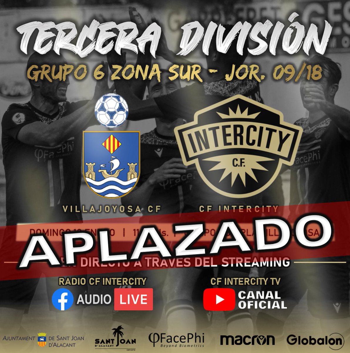 CFIntercity's tweet photo. ⚽🚫 VILLAJOYOSA CF vs CF INTERCITY • El partido del domingo 10 de enero, que enfrentaba al Villajoyosa CF y al CF Intercity por la Jornada 9, queda aplazado hasta nuevo aviso. https://t.co/nSYThe5JHh