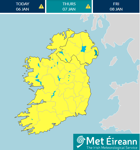 MetEireann's tweet photo. Status Yellow - Snow/Ice warning for Ireland

Snow and ice will lead to treacherous conditions. 
Some accumulations possible.

Valid: 23:00 Wednesday 06/01/2021 to 11:00 Thursday 07/01/2021

For more information on warnings and advisories:
https://t.co/Xg3aMJlyuS https://t.co/CspxQJp3uP
