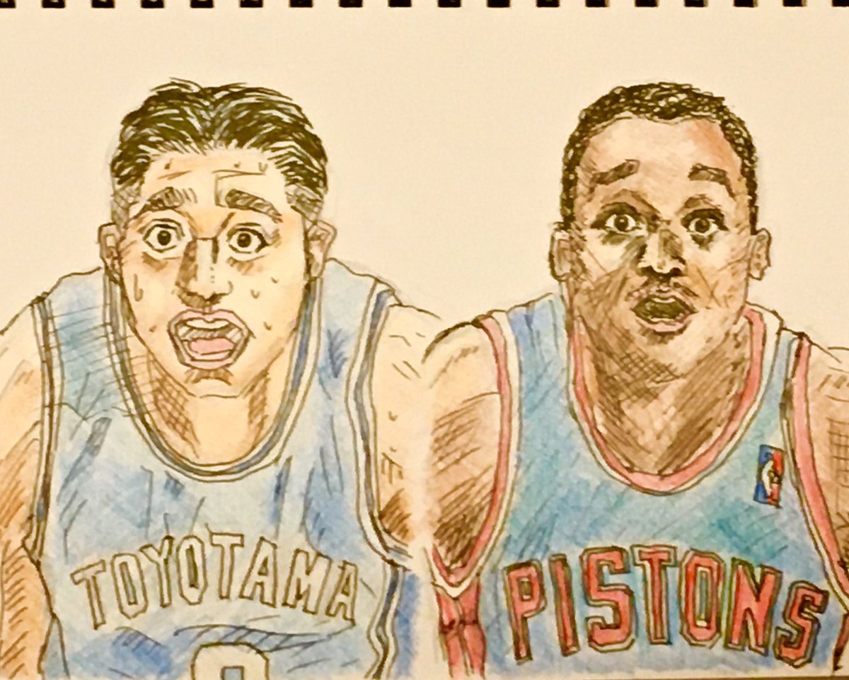 けいじ板 似顔絵16 スラムダンク Nba編 スラムダンクのメインキャラとそのモデルと想定されるnba選手の共演 独断あり 全国大会の初戦 豊玉1 3 板倉 アイザイア トーマス バッドボーイズ的描かれ方ながらバスケへの想いは純粋 試合前から因縁