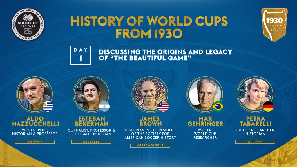 We proudly announce the panel lineup for Day 1 (Feb. 1) at <a href="/Soccerex/">Soccerex</a> "Heritage", 6pm (London): HISTORY OF WORLD CUPS FROM 1930.  Reliving the celebrated past and origins of the FIFA <a href="/1930WorldCup/">1930 US Soccer</a>.
<a href="/mzz017/">Aldo Mazzucchelli</a> 
<a href="/egerbek/">Esteban Bekerman</a> 
<a href="/ClioMZ/">C</a> 

tinyurl.com/ydxuh3v6