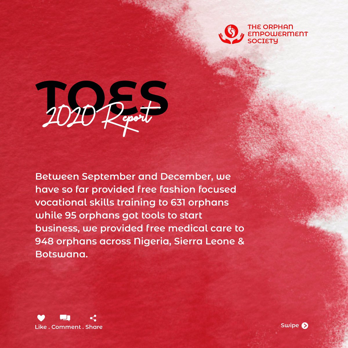 toestoday's tweet photo. Well done Team 🤗, we made 2020 impactful ✅✅✅
Despite the huge challenges, we helped orphans across Africa defeat COVID-19, acquire skills, get tools and escape extreme poverty.
Let’s all appreciate what we did together in the year 2020 .
We believe that 2021 will be better🔥 https://t.co/9pFpwtgVtZ