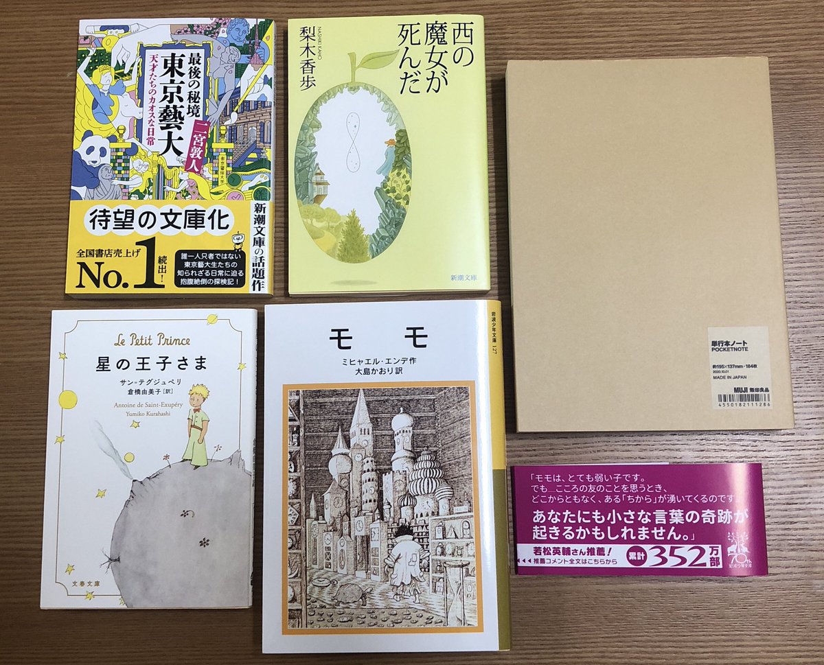 りん 21 アニメーター志望५ 新入り 上の2冊は 昨日買い忘れたふたばさんが紹介されてた本 下の2冊は ハードカバーも持ってるけど 大好きな作品なので文庫本も欲しくなった あと 読書ノート用の単行本ノート 特に モモ は 私の