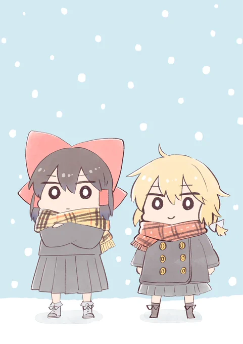 描いてから気づいたんですが去年全く同じ絵を描いてしまっている～!!!_(._.)_?毎年描きたくなる冬の学パロレイマリちゃんだよ!霊夢はどうにも腕を組ませちまう...。 