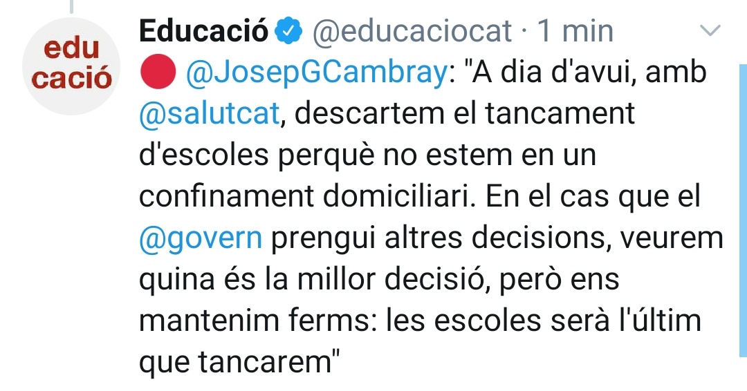 humordocent's tweet photo. ⚠️ÚLTIMA HORA|Josep González-Cambray diu que no es tanquen escoles perquè no estem a un Confinament Domiciliari i diu que les escoles serà l'últim que tancaran. ANEU A CAGAR I DIMITIU TOTS. Està molt bé dir les coses des del Despatx sense veure la realitat a les aules. https://t.co/GtFWU5ByUS