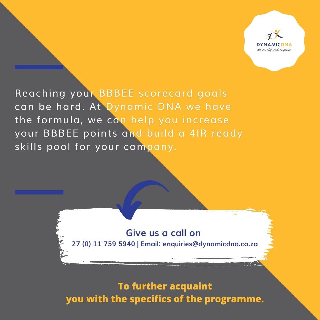 dynamic_dna's tweet photo. We are a 51% female black-owned, level 2 strategic BBBEE ICT skills training academy accredited with various seta’s.

At Dynamic DNA we have the formula, we can help you increase your BBBEE points and build a 4IR ready skills pool for your company.

Give us a call now!! https://t.co/Vm3h7CwyTQ