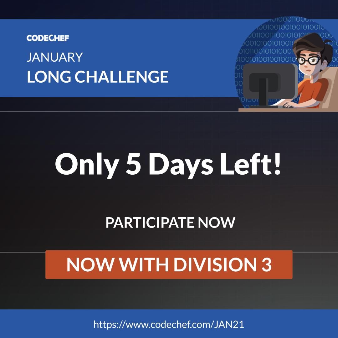 codechef's tweet photo. The first Long Challenge of 2021 is here with Division 3. So  what are you waiting for? Gather your creative forces, 'cause it's only 5 days to go.  It's Code O' Clock! 

Compete Here: https://t.co/giEadzO2WL 
#CodeChef #ContestAlert #LongChallenge #JAN21 https://t.co/38O7QSG3TH