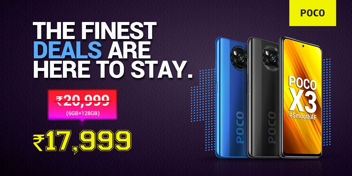 IndiaPOCO's tweet image. #BREAKING
Prices S̶l̶a̶s̶h̶e̶d̶ on the #POCO phones.

New year pricing!
#POCOM2: ₹9,999 (6+64GB) | ₹10,999 (6+128GB)
#POCOM2Pro: ₹12,999 (4+64GB) | ₹13,999 (6+64GB) | ₹15,999 (6+128GB)
#POCOX3: ₹17,999 (6+128GB)
#POCOC3: ₹8,499 (4+64GB)

Know more: bit.ly/POCOPhones
