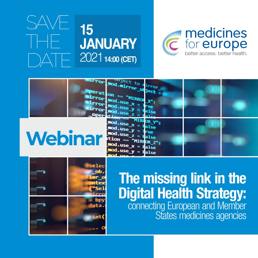 medicinesforEU's tweet photo. The next in our webinar series focuses on how to build on existing digital systems to create a regulatory system fit for the digital age. Join us & register here https://t.co/9AStoavnjg #DigitalHealthStrategy https://t.co/MN6g2uvQCj