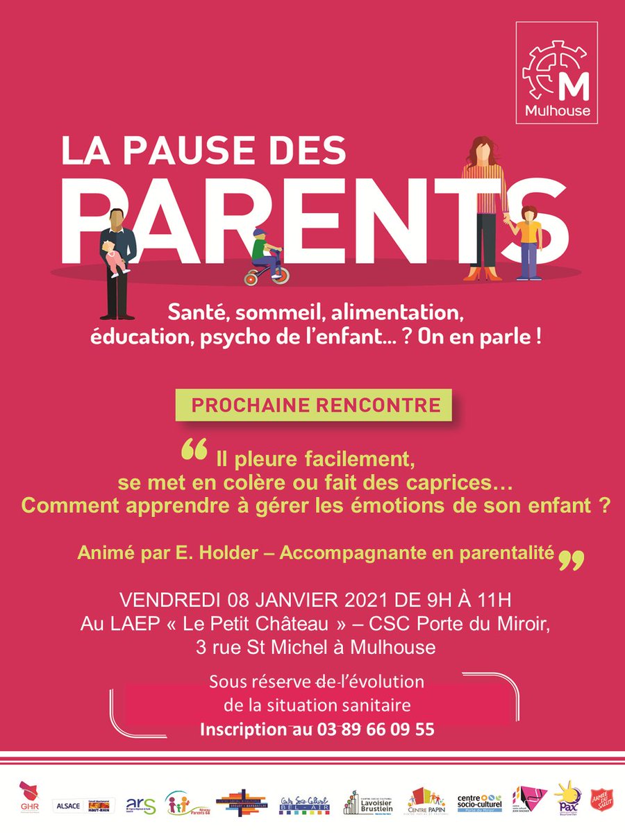 mulhouse's tweet photo. Avec la #PauseDesParents, le réseau Santé de la Ville de #Mulhouse conseille gratuitement les parents sur les questions d'#éducation et de #santé !👨‍👩‍👧‍👦❓💬 
👉 Comment apprendre à gérer les émotions de son enfant ?
📆 Vendredi 8 janvier, de 9h à 11h
📍  CSC Porte du Miroir https://t.co/B5ClCnhw4r