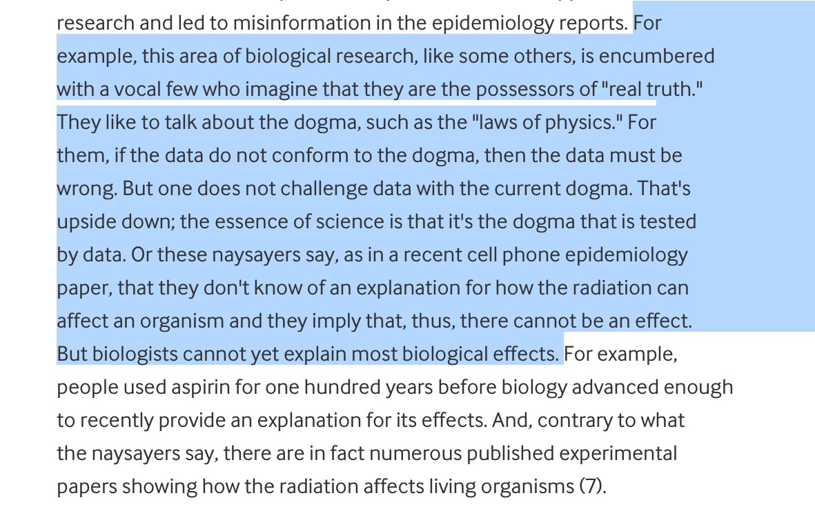 3/5 Problem: as become > addicted to wireless tech (4th industrial revolution), burden of proof evermore onerous. In separate commentary, Frey mentions problem of science dogmatism in this fieldResearchers need to provide a new "law of physics" to prove their work is valid?