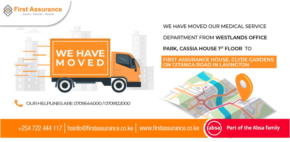 First_Assurance's tweet photo. We have moved our medical service department from Westlands Office Park, Cassia House 1st Floor to First Assurance House, Clyde Gardens on Gitanga Road in Lavington. 

For further assistance call us on 0709544000 or 0709122000.

#FirstAssurance #FirstForYou #Kenya #Insurance https://t.co/ibzW22Vwxc