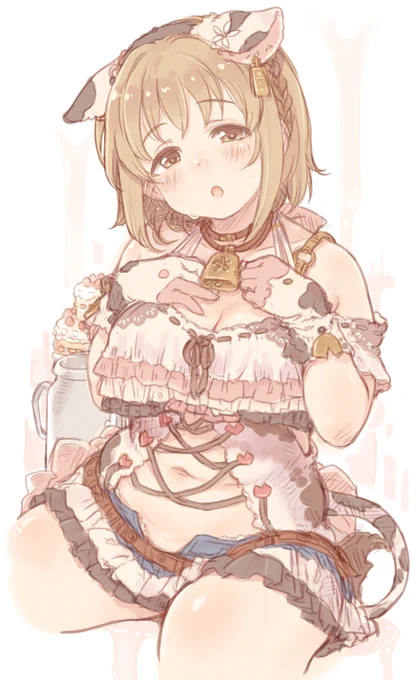 (絵)三村かな子ちゃん、お誕生日はあまり関係なさそうな牛さん絵です!セクシーでかわいい牛さんコスプレ衣装を着せられたけど思ったほど露出度が高くなかった(当社比)のと、牛乳たっぷりの誕生日スイーツが大量に用意されていたのでまんざらでもなく「も～」とか言ってくれるかな子ちゃんです。 