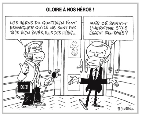 FXDemoures's tweet photo. Dans le @canardenchaine, un dessin qui fait mouche : célébrer les héros du quotidien, c’est bien, les payer correctement, c’est mieux. L’héroisation, ce cache-sexe symbolique pr des gens qui font leur travail et ne sont pas reconnus à leur juste valeur. #care #premiereligne https://t.co/zdbsQN9d4G