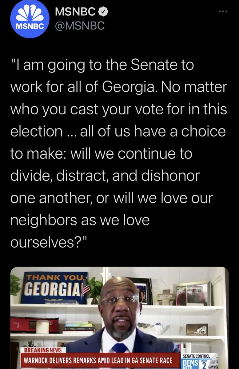 salimay's tweet photo. After four years of divisive rhetoric, unifying the American people is a priority for the Democrats. Biden set the tone in November during his President-Elect acceptance speech. Tonight, Warnock reiterates the need for more social cohesion. #GASEN #BidenHarris2020 #SocialCohesion https://t.co/Rkda78dnFQ