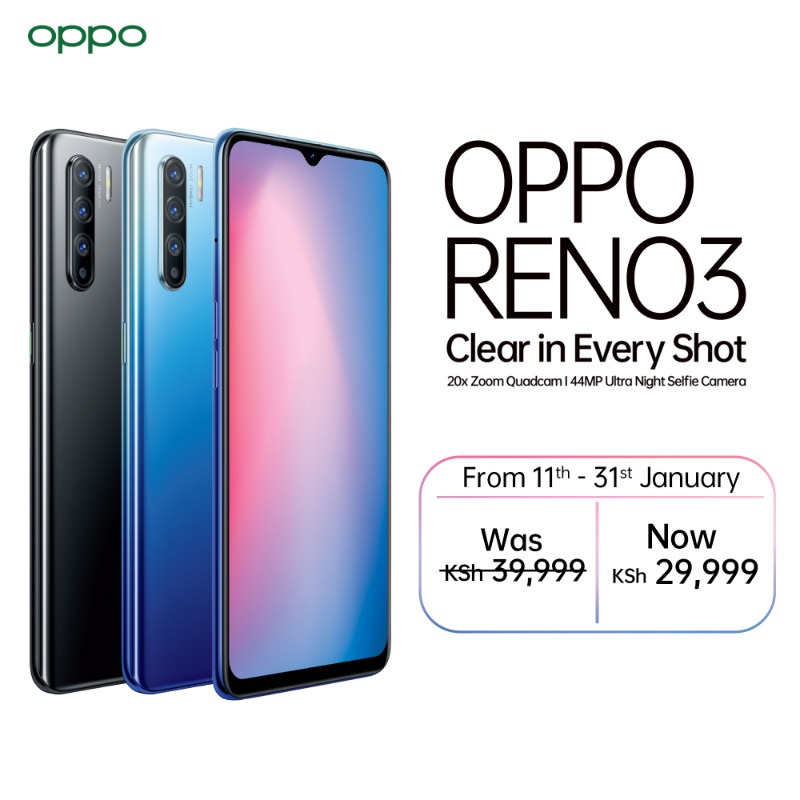 OPPOKenya's tweet photo. Save BIG!
January isikukalie when you can save a whooping Ksh 10,000 upon #OPPOReno3 purchase from 11th - 31st January and enjoy a 20x Zoom Quadcam, 44MP Ultra Night Selfie Camera to have a #ClearinEveryShot
Tap on the pic to Shop Now.