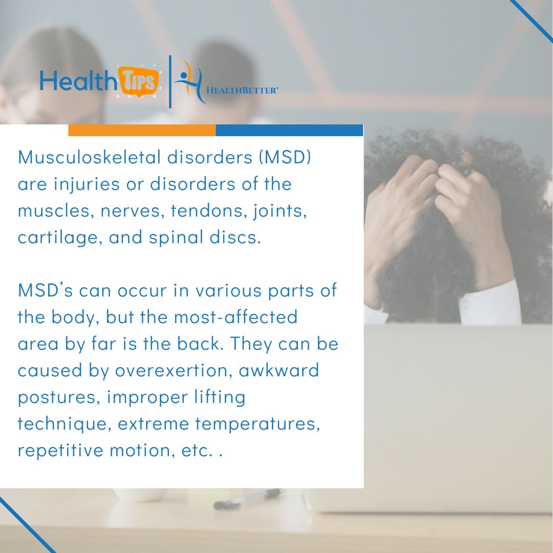 healthbetterng's tweet photo. Follow the series to learn more about common examples of work-related musculoskeletal disorders, and its symptoms.
.
.
.
.
.
.
.
.
#WRMSDs #Musculoskeletaldisorders #Disorders #Work #Workplacehealth #Health #Rehabilitation #Therapy #Healthyliving #Ergonomics #HealthBetter https://t.co/w9QQ8OqanI